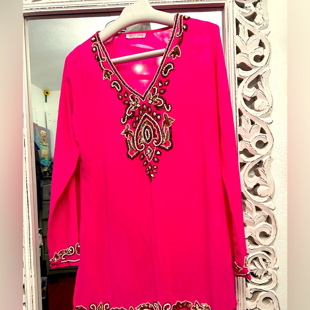 Pink embellished swim cover up swim dress sheer summer beach bikini